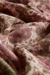 Fototapeta premium Close-up view of intricately patterned fabric showcasing paisley design in soft, flowing texture