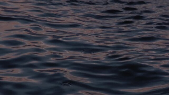 Pink and orange sunset reflections on dark blue water surface. Continuously changing, vibrating wavy sea surface for background. Neutral mirror effect, noticeable tension restless and jittery nature
