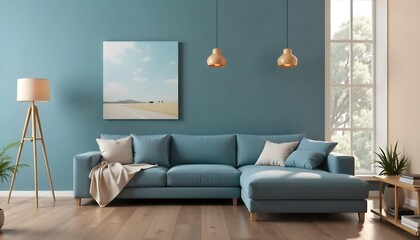 Living room with a blue couch and pillows, a painting on the wall, two wooden lamps hanging from the ceiling, and a wooden floor.