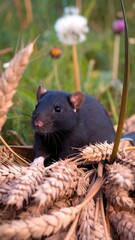 Black rat nestled amidst wheat stalks in a grassy field