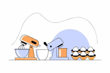 Illustration of two stand mixers and a carton of eggs, in orange and blue colors in a minimalist style