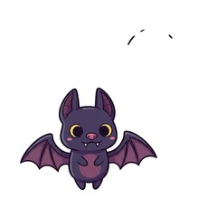 Funny Halloween cartoon illustration with a vampire cat, a flying bat, and a fish