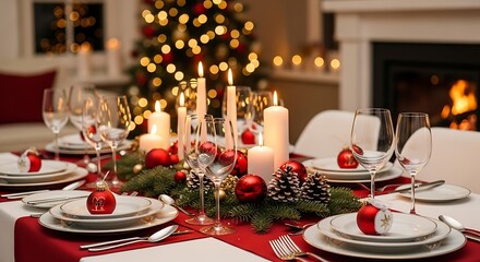 Elegant Christmas Dinner Table Setting with Festive Decorations and Fireplace.