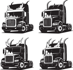 Four Black And White Truck Illustrations With Fiery Horned Grille Designs semi-truck tractor-trailer