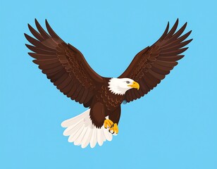 Naklejka premium Bald Eagle Soaring with Majestic Wings Open Against a Blue Backdrop