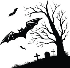 Halloween Bat  Flying Vector File, Haunted Tree Vector Design, Dark Bat 