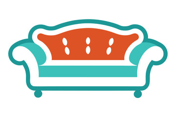 Stylized couch showcases a teal frame and a vibrant orange back, featuring rounded decorative accents