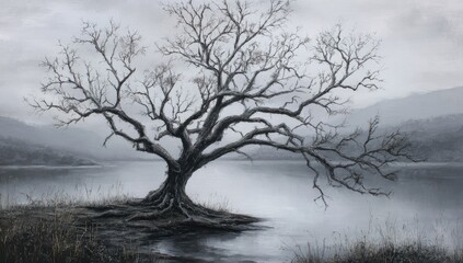A solitary, leafless tree stands by a tranquil lake, surrounded by misty mountains and soft grass