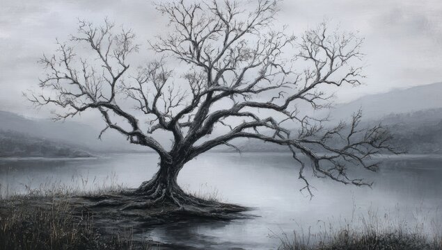A solitary, leafless tree stands by a tranquil lake, surrounded by misty mountains and soft grass - Powered by Adobe
