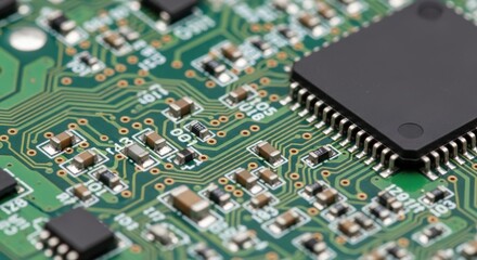 Close-up macro view of advanced microchip and circuit board components technology innovation electronic engineering