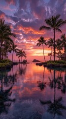 Obraz premium Vibrant sunset over calm water, reflected in a still pool, with palm trees silhouetted against the fiery sky
