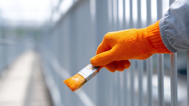 A hand in an orange glove holds a paintbrush. The setting captures creativity and craftsmanship. Bright colors enhance the mood and draw attention. Ideal for DIY projects or creative endeavors. AI