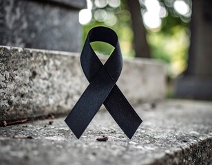 Black ribbon on a stone steps, blurred background
