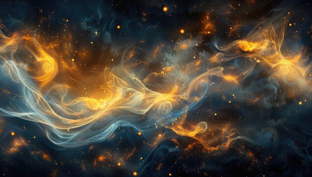 An abstract image depicting swirling, ethereal clouds of blue and gold smoke interspersed with glowing particles against a dark background, evoking a sense of cosmic energy or nebula