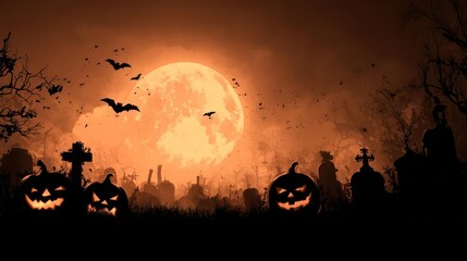 Spooky Halloween graveyard scene with glowing jack-o'-lanterns, bats flying under a full moon and eerie atmosphere