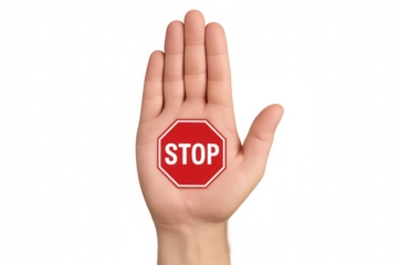 Hand stopping, palm painted with bold stop sign, blocking gesture against clean transparent backdrop, signaling caution