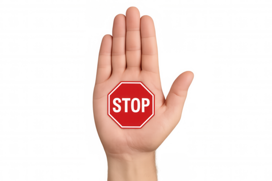 Hand stopping, palm painted with bold stop sign, blocking gesture against clean transparent backdrop, signaling caution