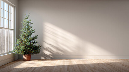 Christmas tree in a pot in a bright room corner.