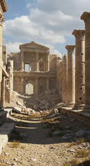 Ancient ruins with stone columns and debris under a blue sky