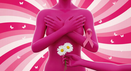 3D concept for breast cancer awareness showing support and care. A hand offers flowers to a woman with a pink ribbon.