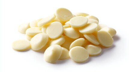 A pile of smooth, round white chocolate discs on a clean surface. Perfect for baking or decorating desserts. These sweet treats melt beautifully and enhance flavors. 