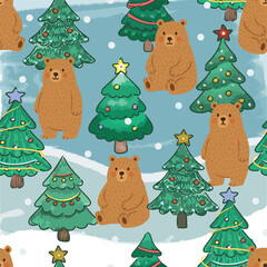 Cute teddy bear in chrismas tree cartoon seamless pattern