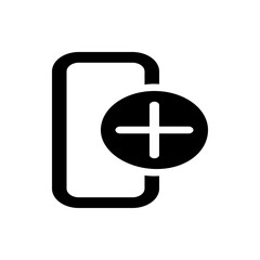 Fototapeta premium Outline of a rectangular mobile phone with a plus sign inside a circle on the right side of the phone icon