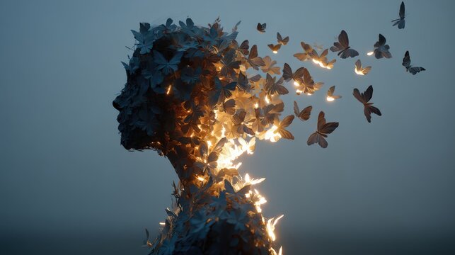 Womans head transforming into butterflies in a surreal scene