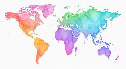Colorful watercolor world map vibrant continents global geography exploration travel international business digital art representation