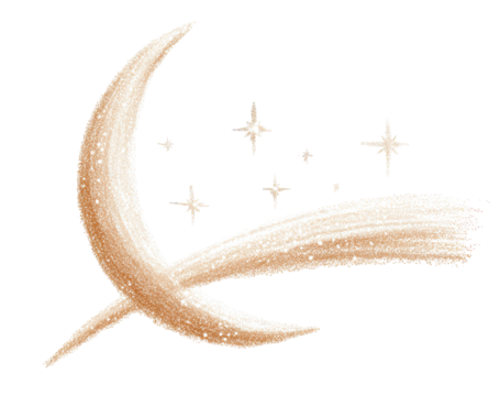 A stylized crescent moon, streaked with light-tan,  with a scattering of small, golden stars and a comet-like trail