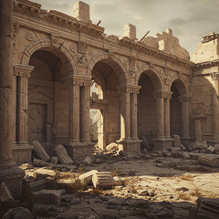 Ancient ruins with fallen columns and broken masonry under dramatic sky