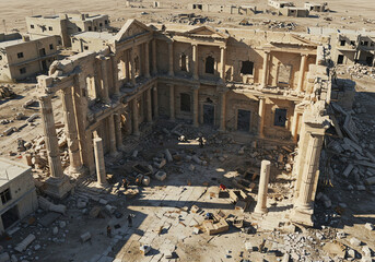 Ancient ruins with fallen columns and debris in barren landscape