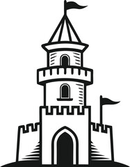 Stylized Black and White Castle Illustration A Medieval Fortress Tower with Battlements and Flags For Fantasy and Historical Designs