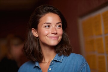 Warm smile of young woman highlights joyful atmosphere in vibran