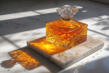 Amber-hued decanter on marble