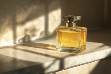 Amber perfume bottle bathed in sunlight