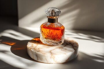 Elegant amber perfume bottle on marble