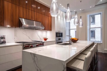 Modern, luxurious kitchen with a large island