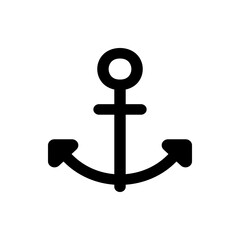 Illustration of a simple black anchor with a circular top and curved arms on a white background view