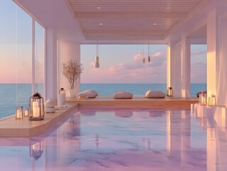 Obraz na płótnie Canvas Indoor pool with ocean view at sunset creates a serene scene