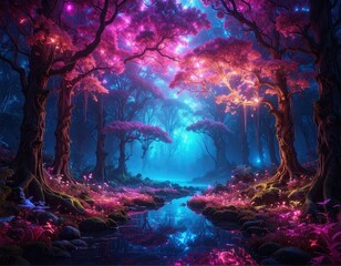 Futuristic Holographic Dream River in Neon Lit Forest