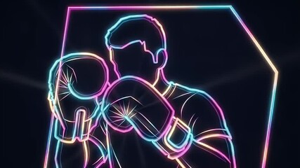 Neon Boxer Silhouette: A dynamic neon illustration showcases the silhouette of a determined boxer, gloves raised, ready to engage in the sport, set against a sleek black backdrop.