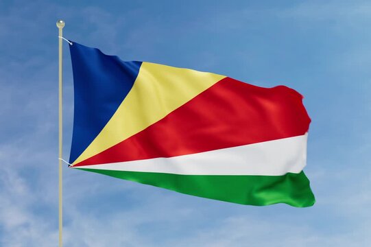 Flag of Seychelles Waving Proudly on a Flagpole. 3D Animation of Seychellois flag. Seamless Loop with Matte.