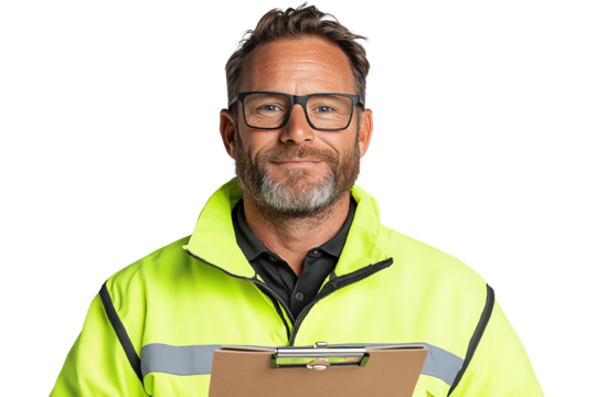 Smiling man in safety gear holding clipboard on a white isolated background.