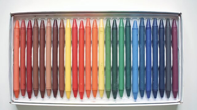 Box Of Colorful Wax Crayons Arranged In Order on A White Background
