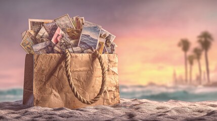 Brown Paper Bag Filled With Travel Photos At Sunset Beach