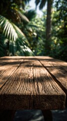 Wooden Table Top With Tropical Background