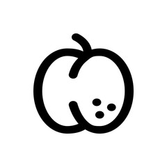 Illustration of a simple black outline of a peach with a stem and three small circles inside, isolated on white