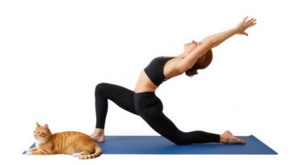 Woman doing yoga with cat isolated on transparent background