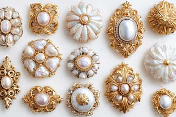 Gold-framed pearl brooches, various shapes